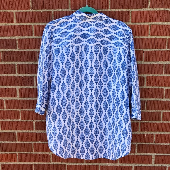 Chicos blue white patterned button up shirt blouse linen size 3 Large - Picture 5 of 6